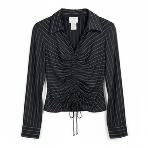 4/$20 Vtg Y2K Vision Apparel Black Pinstripe Ruched Drawstring Blouse Top M